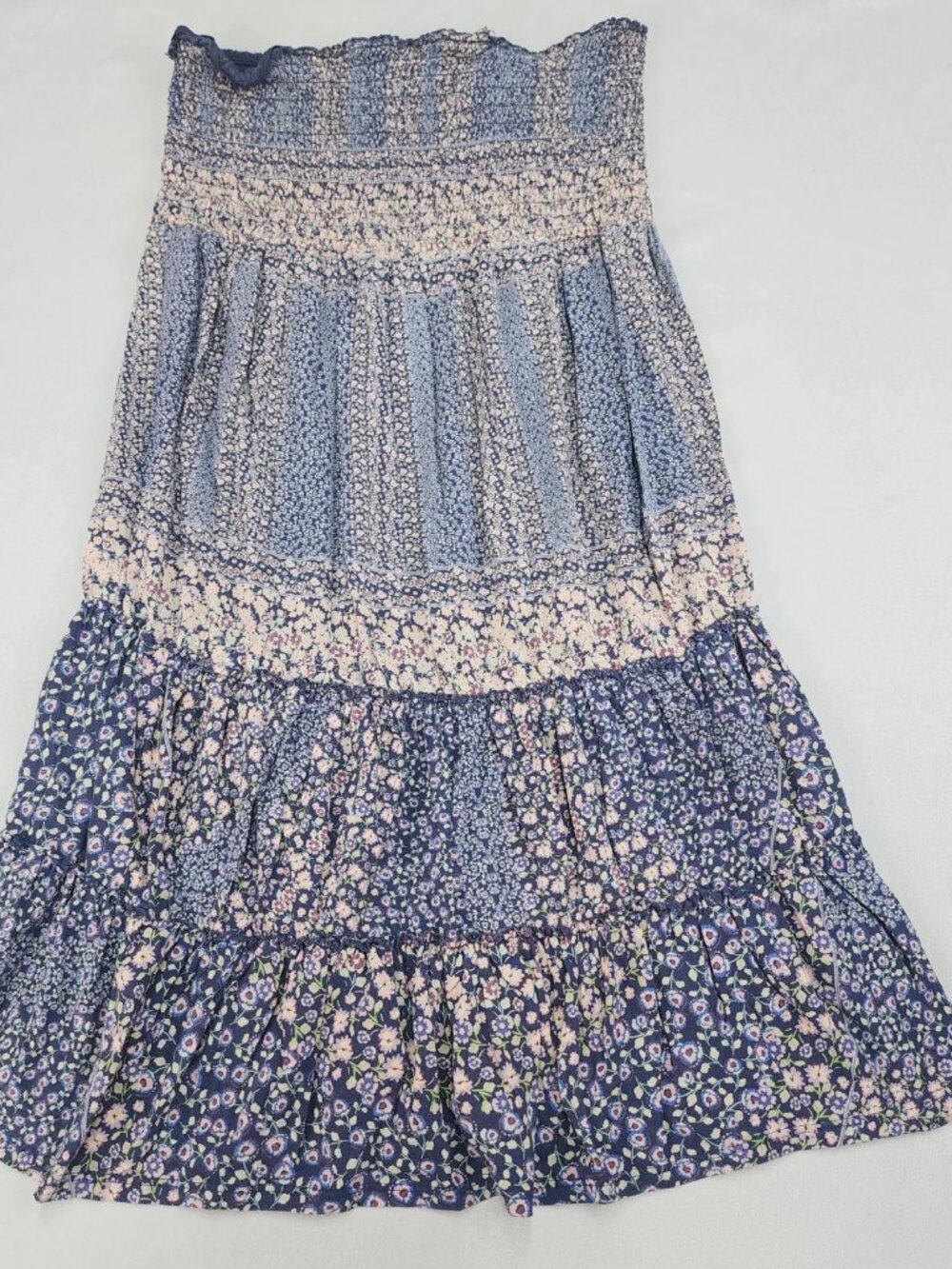Express Women's L Navy Blue Floral Smocked Strapless Dress Tiered Skirt Cotton